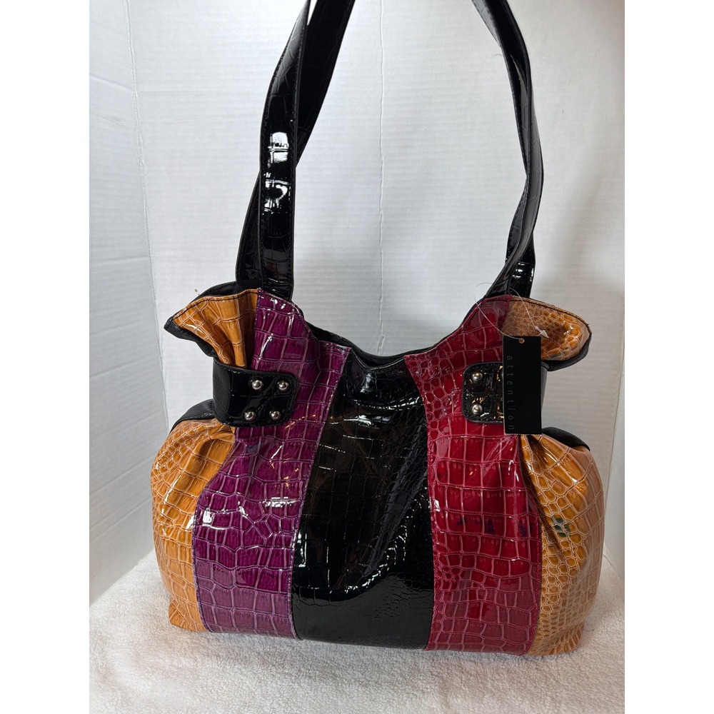 VTG NWT Y2K Attention Women's Multicolored Faux Croc Patent Leather Tote Bag